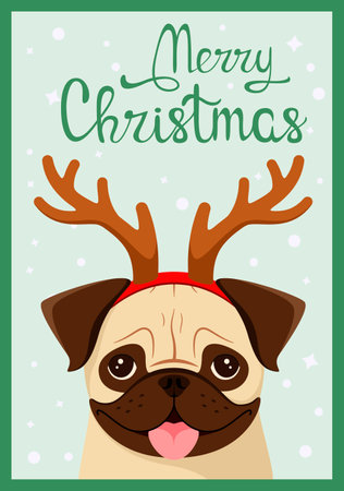A Christmas card with a pug. Cute cartoon-style dog.のイラスト素材