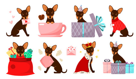 A set of funny dogs on a white background. Toy terrier. cartoon design.のイラスト素材