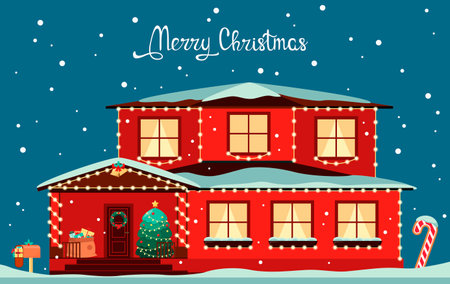 The facade of the house with Christmas decor. greeting card.のイラスト素材