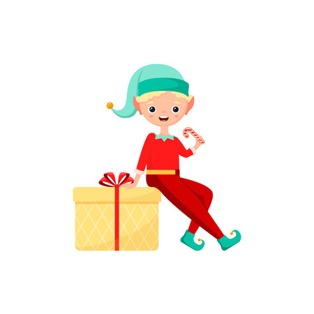 Cute Christmas elf with a gift on a white background. flat design.のイラスト素材