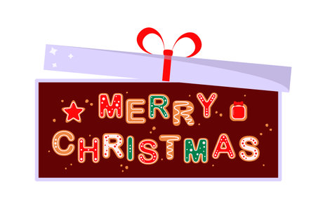 Merry Christmas. Gingerbread letters in a gift box. A holiday card.のイラスト素材
