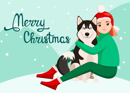 Christmas card. A girl with a husky dog. cartoon design.のイラスト素材