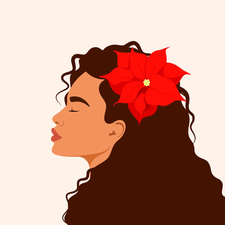Portrait of a Latin American woman with a red flower in her hair. profile. vector illustration.のイラスト素材