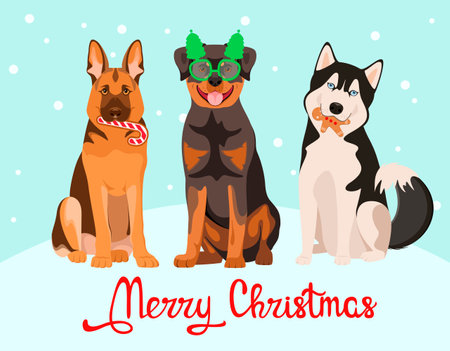 Christmas greeting card with funny dogs. cartoon design. vector illustration.のイラスト素材