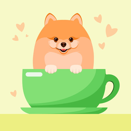 Cute Pomeranian in a cup. A postcard with a dog. cartoon design.のイラスト素材