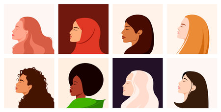 A set of portraits of women of different nationalities and cultures. profile.のイラスト素材