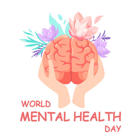 A brain with flowers in human hands. mental health.のイラスト素材