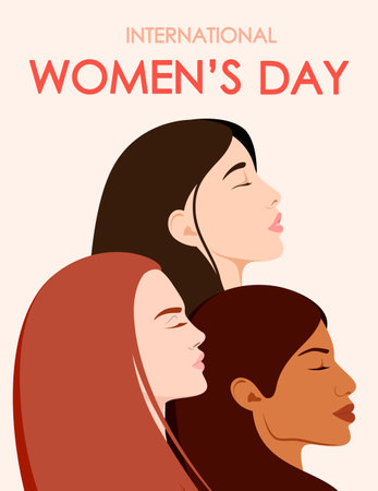 International Women's Day. Greeting card with beautiful women of different nationalities.のイラスト素材