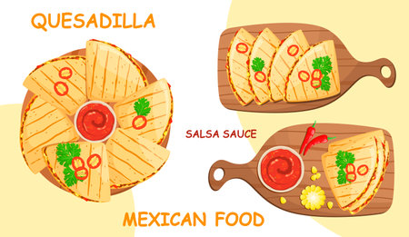 A set of quesadillas with salsa sauce. mexican food.のイラスト素材