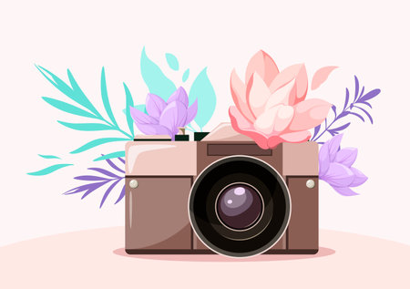 A camera with flowers on a light background.のイラスト素材