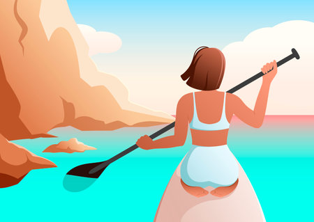 A beautiful woman is sitting on the SUP board. water sports. SUP surferのイラスト素材