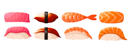 A set of sushi nigiri on a white background. Japanese food.のイラスト素材