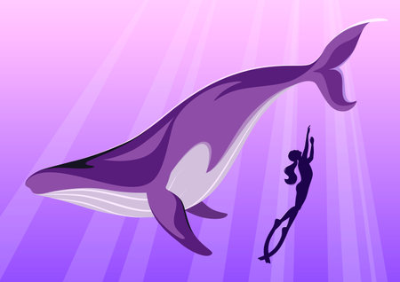 A freediver woman and a whale in the deep.のイラスト素材