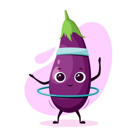 Funny eggplant twists the hoop. Cute vegetable does sports.のイラスト素材