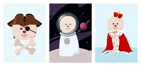 A set of funny dogs. Bichon frise in cartoon style.のイラスト素材