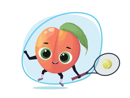 Funny peach is playing tennis. A cartoon-style fruit.のイラスト素材
