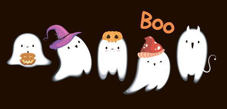 A set of funny ghosts on a dark background. Cute ghosts for halloween.