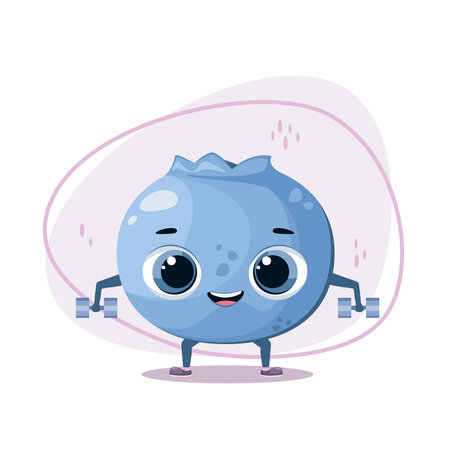 Funny blueberry does sports. cartoon style. Berry with dumbbells.のイラスト素材