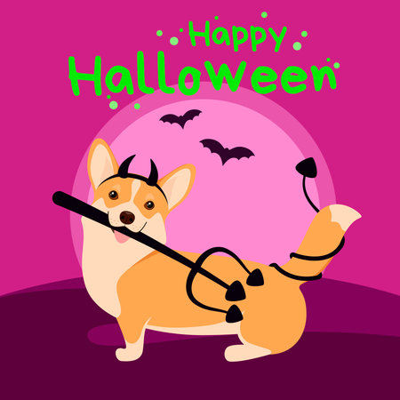 Funny corgi dog on the background of the moon and bats. A Halloween greeting card.のイラスト素材