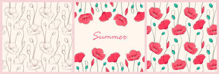 Templates for summer advertising banners. A set of backgrounds with poppies. Vector illustration.のイラスト素材