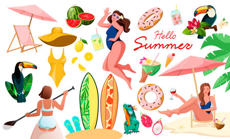 A set of summer elements and beautiful women on a white background. Cartoon vector illustration.のイラスト素材
