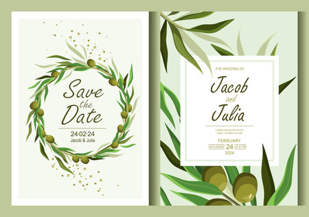 Wedding invitations with olive branches.Festive background for greeting cards. Wedding template. Vector illustration.のイラスト素材