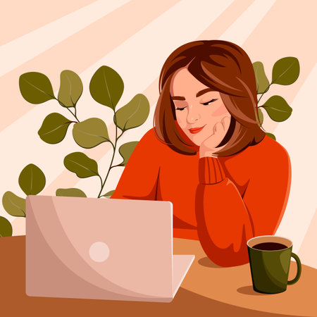 A young woman is working at a desk with a laptop. A woman in the workplace with a cup of coffee. Freelance or office work. Cartoon vector illustration.のイラスト素材