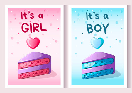 Set of baby shower invitations with cakes on a blue and pink background. It's a boy. It's a girl. Cute vector illustrationのイラスト素材