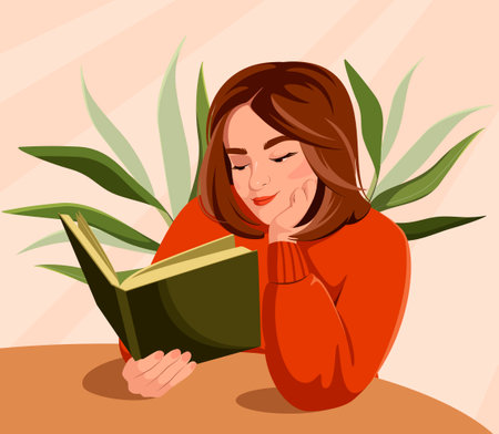 A beautiful woman is reading a book at a table. Education or leisure. Distance learning and self-education. Vector illustration.のイラスト素材