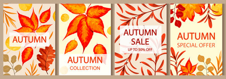 A set of autumn sale banners, background template design. Templates for invitations, advertisements, social networks, and postcards. Sale, discounts and special offer.のイラスト素材