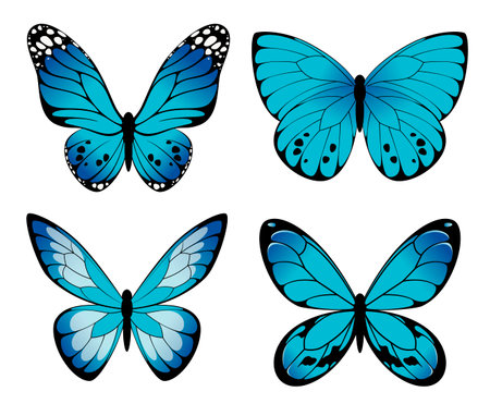 A set of bright blue butterflies on a white background. Vector illustration. Cartoon style.のイラスト素材
