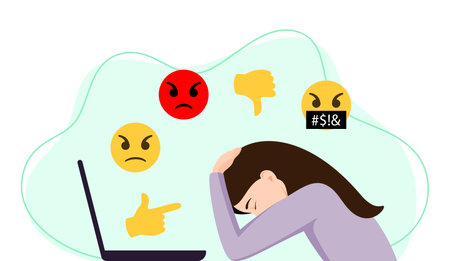The unhappy woman is depressed. The concept of cyberbullying, the bad influence of the Internet.のイラスト素材