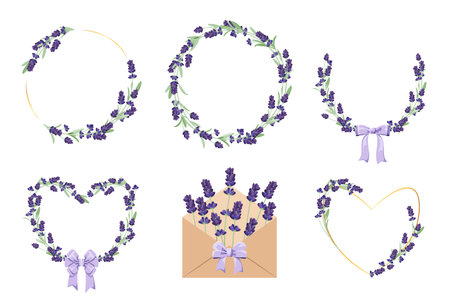 A set of festive wreaths with lavender flowers on a white background. A set of decorative elements and compositions for a greeting card or invitation.のイラスト素材