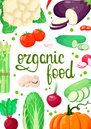 Organic food. Poster with vegetables. Vegetarianism. Vector illustration.のイラスト素材