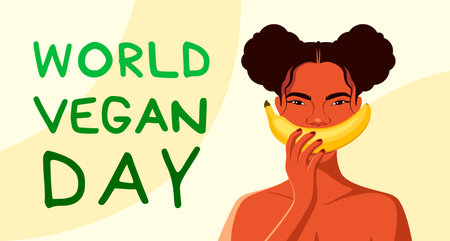 Funny girl with a banana. World Vegan Day. Vector illustrationのイラスト素材
