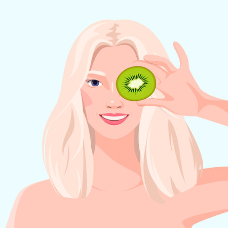 Portrait of a beautiful smiling young woman with half a kiwi. To give a natural glow to the skin, in cosmetology and dermatology. Facial care, health and well-being. Vector illustrationのイラスト素材