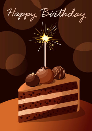 A greeting card with a piece of chocolate cake and a sparkler. Happy Birthday. Vector illustration.のイラスト素材