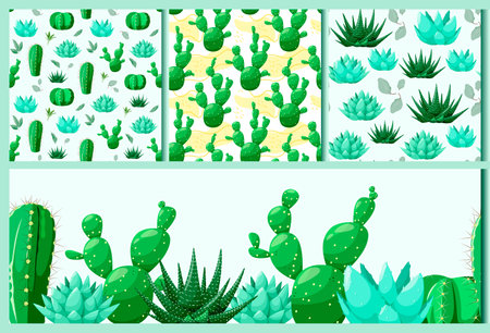 A set of seamless patterns with cacti and succulents. Vector illustration.のイラスト素材