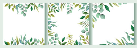 A set of green frames for weddings, greetings, wallpapers, fashion posters, backgrounds. Eucalyptus, green leaves, twigs. Vector illustration.のイラスト素材