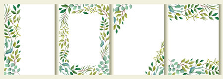 A set of green frames for weddings, greetings, wallpapers, fashion posters, backgrounds. Eucalyptus, green leaves, twigs. Vector illustration.のイラスト素材