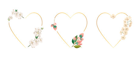 A set of golden hearts with flowers on a white background. Festive decor. Vector illustration.のイラスト素材