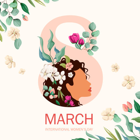 March 8th. International Women's Day. A greeting card with a beautiful woman and flowers. Vector illustration.のイラスト素材
