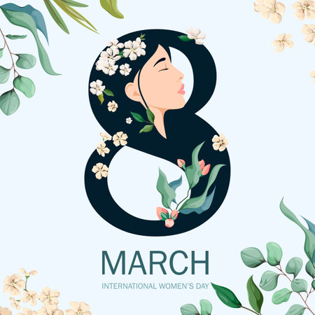 March 8th. International Women's Day. A greeting card with a beautiful woman and flowers. Vector illustration.のイラスト素材