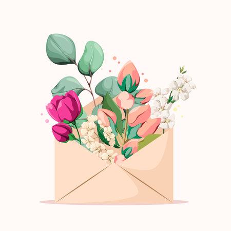An envelope with flowers. A gentle greeting card. Vector illustration.のイラスト素材