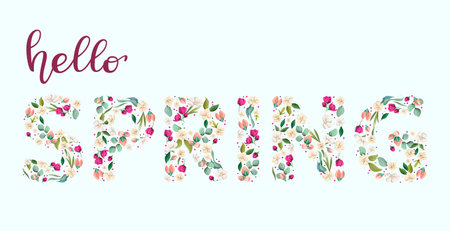 Hello, spring. Lettering in floral letters. Vector illustration.のイラスト素材