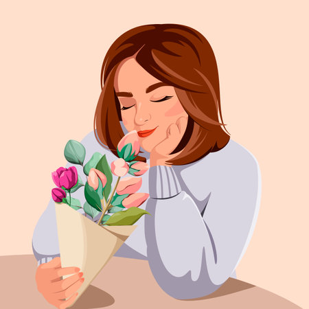 A beautiful woman with a bouquet of flowers. Vector illustration.のイラスト素材