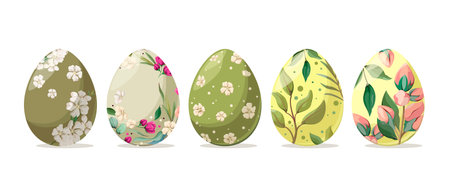 A set of Easter eggs decorated with flowers and greenery. Illustration on a white background. Vector.のイラスト素材