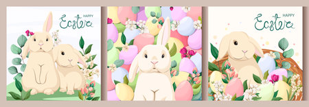 A set of Easter greeting cards with cute bunnies and eggs. Vector illustration.のイラスト素材