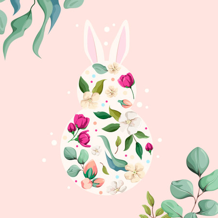 Happy Easter. Cute greeting card with a flower rabbit. Vector illustration.のイラスト素材