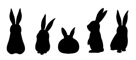 A set of black silhouettes of rabbits on a white background. Cute animals. Vector illumination.のイラスト素材